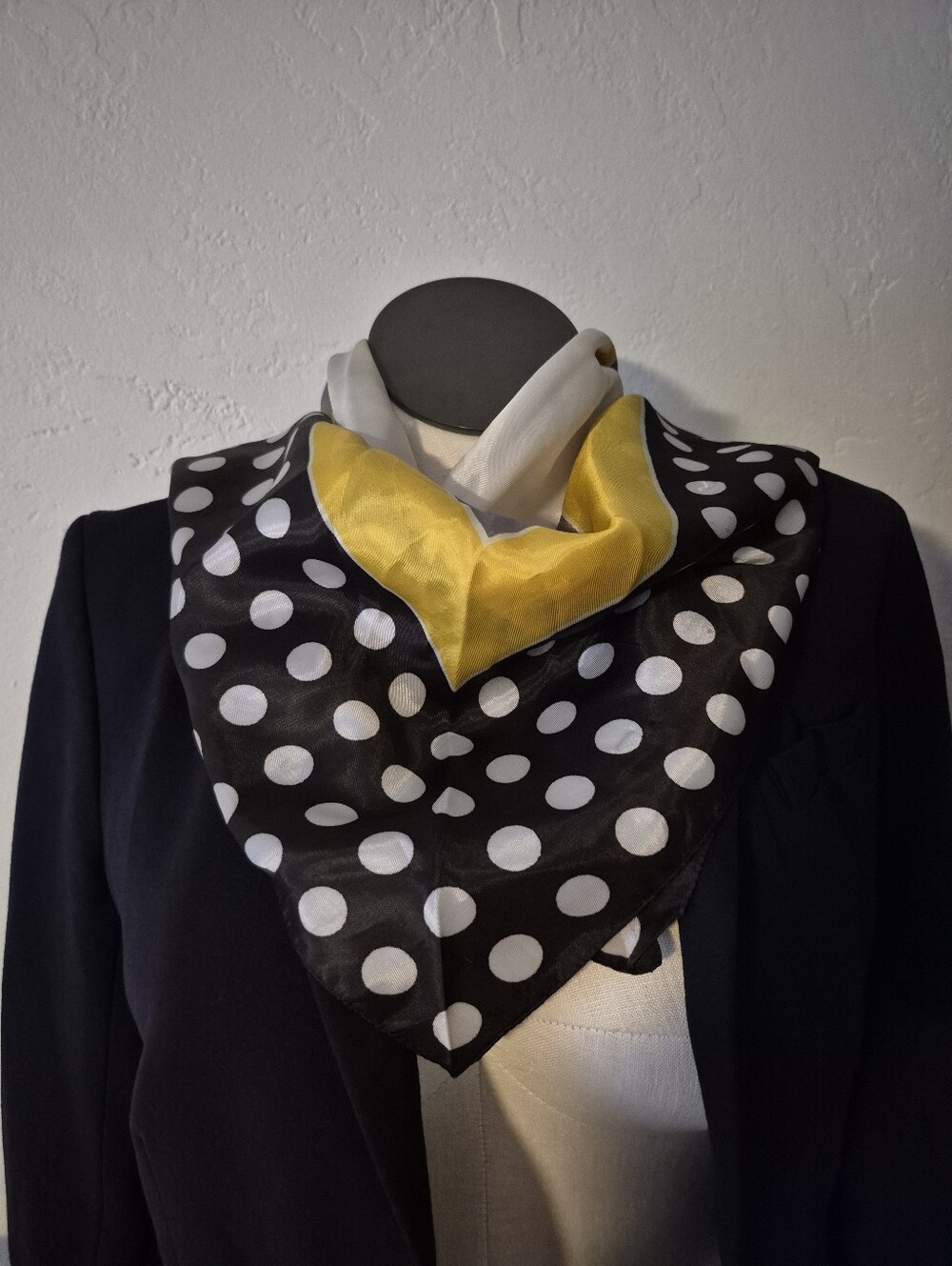 Vintage Mod Polka Dot Silk Scarf with Yellow Accent